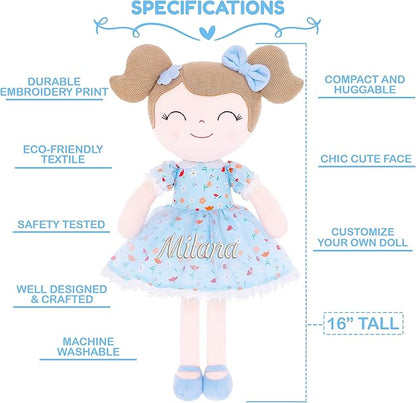 Gloveleya Personalized Doll with Embroidered Name - Floral Blue Custom Plush Doll for Girls Cute Plush Doll Customized Gift - Muñecas de Trapo Personalizadas para Niñas
