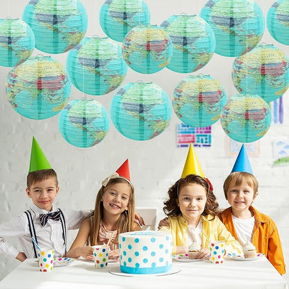14Pcs World Map Paper Lanterns Classroom Decorations 10 in and 8 in Classroom Hanging Ceiling Decor Earth Globe Lantern Fans for Back to School Around Travel Earth Theme Party Decor Supplies