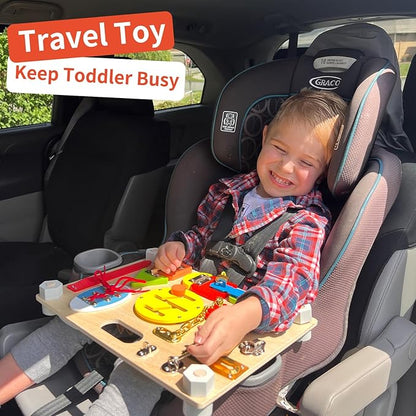 Double-Sided Montessori Busy Board for Toddlers 3-5, Train Babies Fine Motor Skills, Toddler Boy Toy of Sensory Activity Board, Wooden BusyBoard for 3+ Year Old Kids Birthday Gift