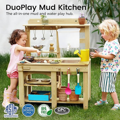 Tiny Land Outdoor Mud Kitchen for Kids, Wooden Play Kitchen with Water Tank, Water Play, Cooking, & Sensory Fun, Durable & Weather-Resistant Design with Storage, Gift for Ages 3+