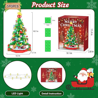 Flyart Christmas Tree Building Blocks, Toy Building Sets with LED Light, Christmas Tree Building Bricks with Christmas Train, Stocking, Snowflake, Xmas Gifts for Kids Adults Teens