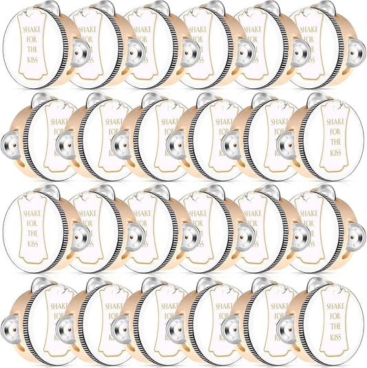 24 Set 4 Inch Tambourine for Adults Wooden Hand Held Drum with Metal Jingles, Gift Tags, White I Love You Printed Ribbon Percussion Gift Musical Instrument for Church Wedding Party Favor