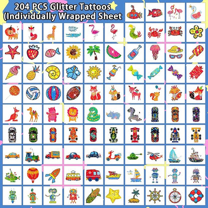 Partywind 204 Glitter Styles Individually Wrapped Sheets Kids Fake Tattoos, Birthday Surprise for Boys and Girls Party Supplies Favors, Waterproof Tattoo Stickers for Goodie Bag Stuffers