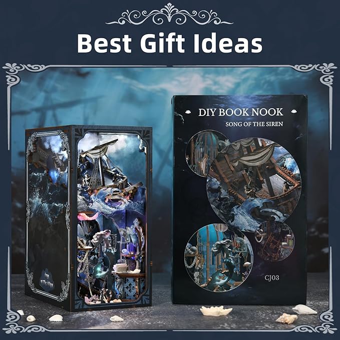 Book Nook Kitwith Dust Cover and LED Light, 3D Wooden Puzzle Bookend Bookshelf Insert Decor for Teens and Adults (The Song of Sirens)