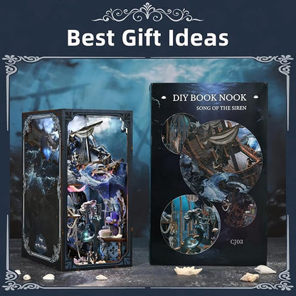Book Nook Kitwith Dust Cover and LED Light, 3D Wooden Puzzle Bookend Bookshelf Insert Decor for Teens and Adults (The Song of Sirens)