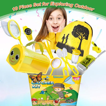 Bug Catcher Kit & Outdoor Explorer Kit for Kids, 10 Pcs Bug Catching Kit with Toy Cage, Backpack, Flashlight, Manifying Glass, Toy Net, Outdoor Exploration Toys Gift for Boys Girls 3-12