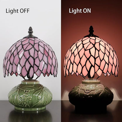 Small Tiffany Lamp Mushroom Table Lamp, Mini Stained Glass Desk Light Memory Sympathy Ceramic lamp 8X11 Inch (Pink Wisteria)