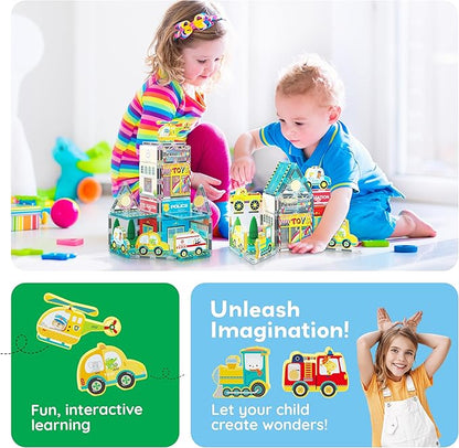 PicassoTiles Magnet Tile Building Blocks Metro City Themed Playset with 8 Character Action Figures Magnetic Tiles STEM Learning Early Education Toy Construction Set Toddlers Boys Girls Ages 3+ PTQ24