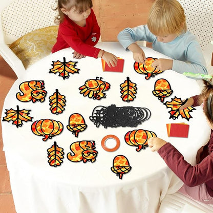 Qyeahkj 36 Set Fall Suncatchers Crafts for Kids DIY Autumn Leaf Pumpkin Acorn Squirrel Window Tissue Paper Craft Kit Hanging Decor for Classroom Home Activity Art Project Birthday Party Favor Gift