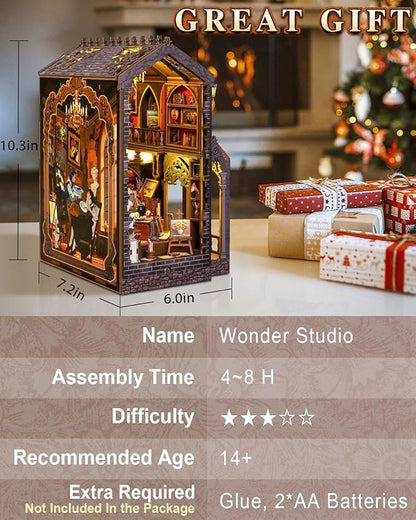 Book Nook Kit – Wonder Studio, DIY Miniature Booknook House with LED Lights, 3D Wooden Puzzle for Adults & Teens, Bookshelf Decor Gift for Family, Friends