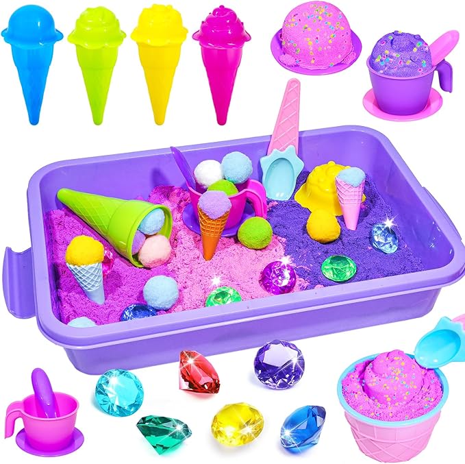 Bbiamsleep Ice Cream Sensory Bin, 61 Pcs Ice Cream Sensory Bin Fillers with Color Sand 11 Mould 9 Tools for Birthday Party