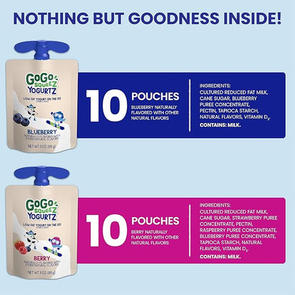 GoGo squeeZ yogurtZ Variety Pack, Blueberry & Berry, 3 oz (Pack of 20), Kids Snacks Made from Real Yogurt and Fruit, No Fridge Needed, Gluten Free, Nut Free, Recloseable Cap, BPA Free Pouches