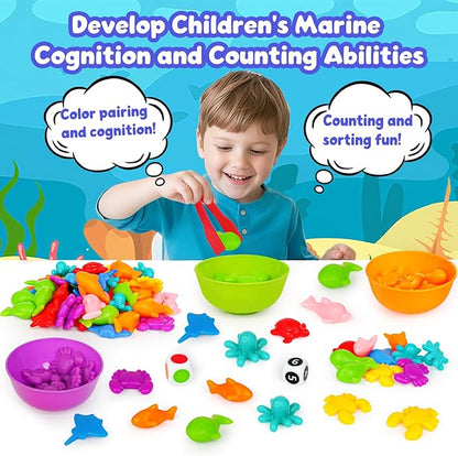 Sorting Colors Sea Animals Counting Toys with Matching Sorting Cups and Game Dices, Color Classification and Sensory Training Preschool Educational Learning Toys for Toddlers Kids Girls Boys Ages 3+