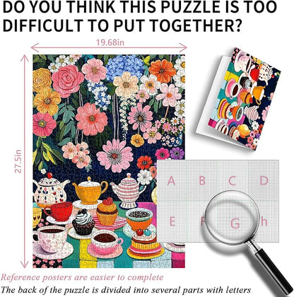 Flower 1000 Piece Puzzle for Adults, PICKFORU Colorful Tea Cups Wildflower Garden Jigsaw Puzzles, Hard Difficult Cupcake Afternoon Tea Theme as Art Decor