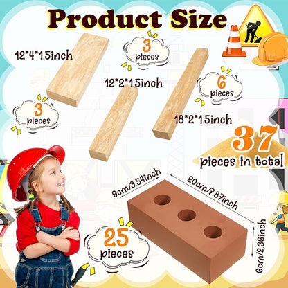 Deekin 25 Pcs Foam Brick Building Blocks and 12 Pcs Wooden Beam Foam Thick Cinder Blocks Large Fake Brick Builders Set for Construction and Stacking(Red)