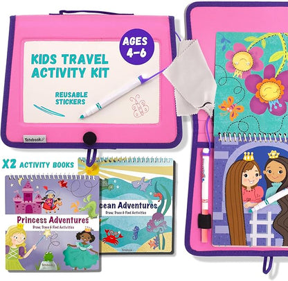 Totebook Kids Travel Educational Activity Book with Washable Markers - Car and Airplane Activities, Learning Toys for Toddlers- Reusable Stickers for Ages 4, 5, 6 (Princess & Extra Ocean Book)