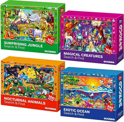 QUOKKA 100 Piece Puzzles for Kids Ages 4-6 - 4 Jigsaw Puzzles for Kids Ages 6-8 - Search and Find Observational Nocturnal Life for Childrens 5-8 - Learning Educational Toys for Boys and Girls 8-10