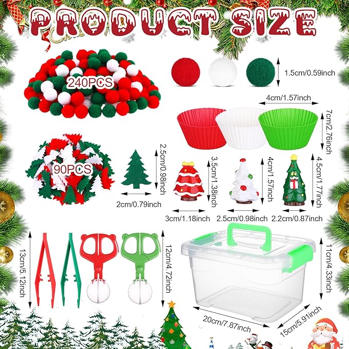 360 PCS Christmas Sensory Bin Filler Winter Sensory Bin Items 240 Pompoms 90 Felt Christmas Tree 17 Resin Xmas Tree 6 Cups 6 Tweezers 1 Storage Box for Winter Xmas Sorting Counting Training