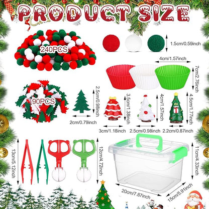 360 PCS Christmas Sensory Bin Filler Winter Sensory Bin Items 240 Pompoms 90 Felt Christmas Tree 17 Resin Xmas Tree 6 Cups 6 Tweezers 1 Storage Box for Winter Xmas Sorting Counting Training