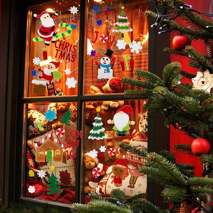 6 Sheet Christmas Window Clings Gel,Snowman,Gingerbread Man,Christmas Tree, Santa Claus, Snowflakes, Christmas Stickers for Glass Windows, Window Clings Christmas Decorations