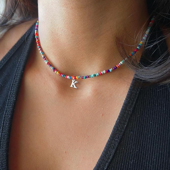 Yoosteel Colorful Beaded Initial Necklaces for Girls Gifts - Cute Initial Necklaces for Girls Kids Jewelry A-Z Letter Choker Necklace for Women Birthday Gifts for Teens Daughter Niece Granddaughter