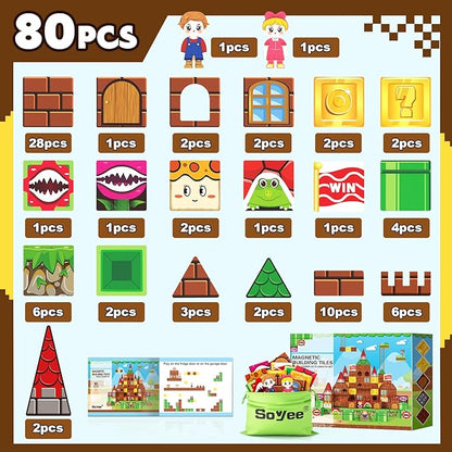 Magnetic Tiles 80PCS Kids Toys Castle Magnetic Building Blocks Construction Magnet Pretend Play Set for Boys & Girls 3-12 Year Old Christmas Birthday Gifts for Boys