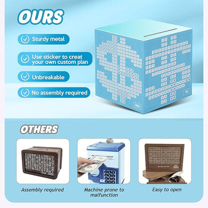 Primo Lines Piggy Bank for Adults Must Break to Open, with Savings Counter & Goal Tracker, Unbreakable Stainless Steel Money Box for 10K Challenge $3000 $5000, Kakeibo (4.72 Inch)