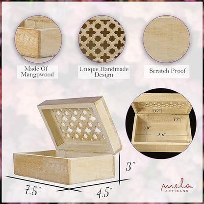 Mela Artisans Wooden Keepsake Box | Whitewash Mango Wood Memory & Photo Storage Box with Hinged Lid | Decorative Storage Box | Medium | 7.5x4.5x3 Inch