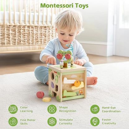 ROBOTIME Wooden Activity Cube with Bear Orchard Theme, 9-in-1 Montessori Toys for 12M+ Boys & Girls, Educational Learning Toys for Toddlers Age 1-3, 1st Birthday Gift