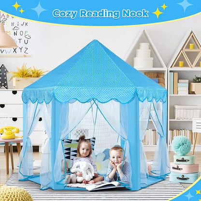 Monobeach Princess Castle Playhouse for Girls - Large Kids Tent with Star Lights for Indoor & Outdoor Play, 55'' x 53'' (DxH) (Blue Princess Tent with Little Star Lights)