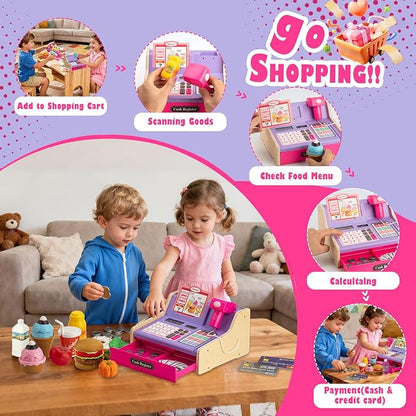 Wooden Cash Register for Kids with Shopping Cart Rechargeable Kid Cash Register with Scanner Gift for Kids Age 3 4 5 6 7 8 9 Year Old Pretend Play for Toddlers Toys for 3-12 Year Old Girls