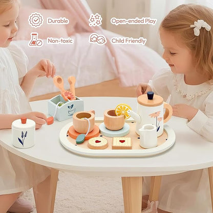 Wooden Tea Set for Toddlers,Wooden Tea Party Set for Kids Pretend Play Food Toy Set Kitchen Accessories Tea Time Party with Play Food for Girls and Boys 3 Years and up