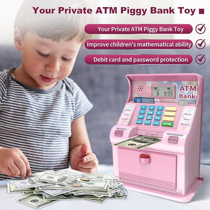 ATM Piggy Bank for Kids，ATM Bank Cash Coin Saving for Real Money with Debit Card，Coin Recognition, Balance Calculator, Electronic Savings Safe Box，Gift for Ages 6-13 Piggy Bank (Pink)