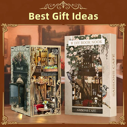 Book Nook Kit, DIY Miniature Dollhouse Booknook Kit, 3D Wooden Puzzle Bookend Bookshelf with LED Light for Adults Teens (Saison Café)