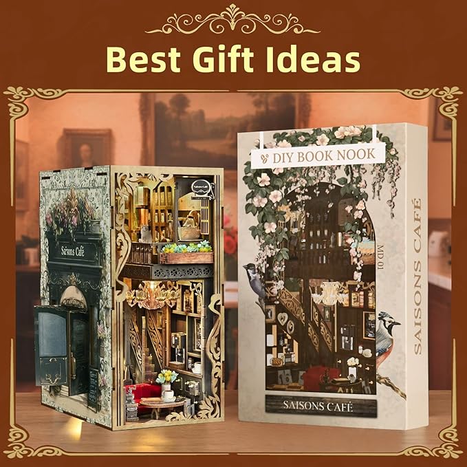 Book Nook Kit - DIY Miniature House Coffee Shop Dollhouse Kit for Adults and Teens, 3D Wooden Puzzle Booknook Tiny House Bookshelf Decor, Gifts for Family, Friends (Saison Café)