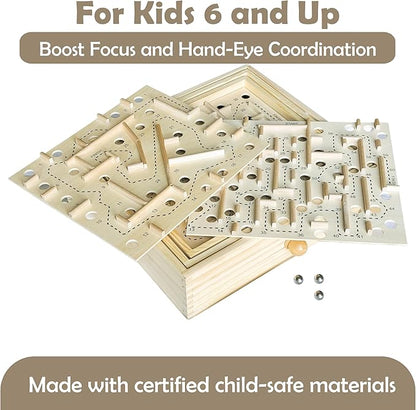 Sterling Games Wooden Labyrinth with 3 Swappable Boards – Classic Maze Game with 60, 36, and 25 Waypoints – Wooden Tilt Puzzle with Knob Control and 3 Steel Marbles for Kids Age 6+
