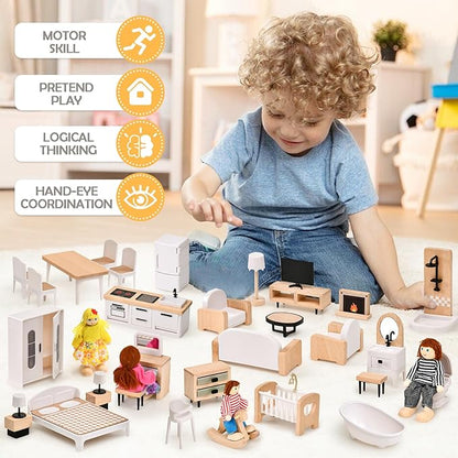 Toyssa Dollhouse Furniture Set, 36PCS Beech Wood and Plastic Miniature Doll House Accessories with Modern 5 Rooms & 4 Flexible Family Dolls, Pretend Play Toys Birthday Gift for Toddlers 3 4 5 6