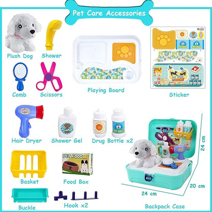TEUVO Pet Care Play Set Doctor Kit for Kids, 16 Pcs Doctor Pretend Play Vet Dog Grooming Toys Puppy Dog Carrier Feeding Dog Backpack Gifts for Girls Boys 3-7 Years Old