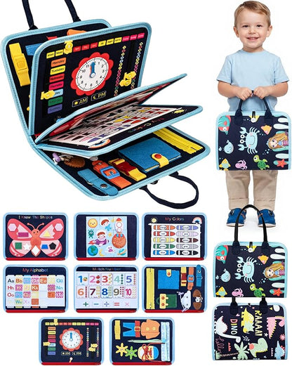 Montessori Busy Board for Toddlers Ages 1-4, Busy Book with 8 Pages Educational Sensory Activities, Learning Toy for Fine Motor Skills, Travel Toy for Airplane or Car, Birthday Gift for Boys & Girls