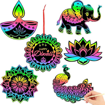 JULMELON 36 PCS Diwali Crafts, Rainbow Scratch Art DIY Scratch Paper Cards Magic Color Diwali Gifts Arts and Craft Kits Bulk Happy Diwali Party Favors School Activities Games