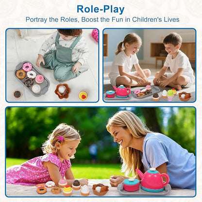 Picnic Basket Toys Play Tea Sets with Teapot Tea Cup Dessert Food,Ice Cream Playset, Pretend Play Kitchen Accessories Tea Party Set for Toddlers Kids Little Girl Boy Age 3-7 Years Old