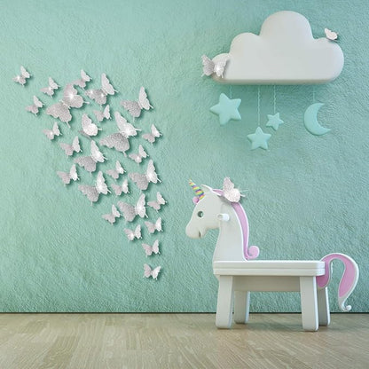 BBTO 48 Pieces Butterfly Wall Decor DIY Mirror 3D Butterfly Stickers Removable Decals for Home Bedroom School Bathroom Living Room Decor(Glitter Silver)