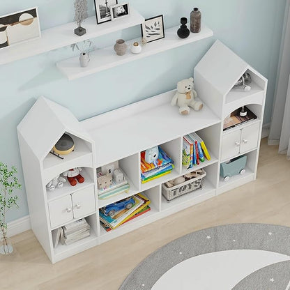 Vabches Kids Bookcase and Toy Storage Cabinet, Children Bookshelf, Castle Shape, Playroom Furniture Multipurpose Shelf for Toddlers to Organize Toys and Books Magic Castle, Cool White