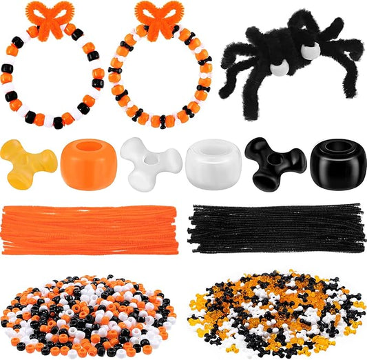 Hicarer 1250 Pieces Halloween Pony Beads DIY Kit Including 600 Pieces Halloween Crafts Pony 600 Pcs TRI Beads 50 Pcs Chenille Stems for Decor