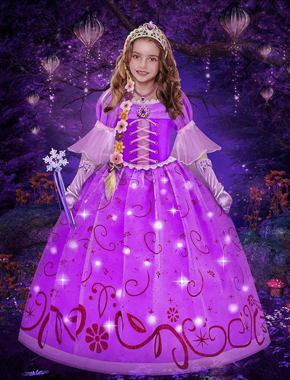 Light Up Princess Dress for Girls Purple Lighted Princess Costume Fancy Halloween Dress Up Cosplay Party Carnival