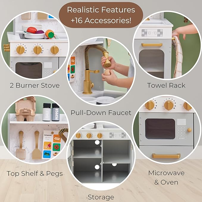 Teamson Kids Little Chef Memphis Wooden Play Kitchen for Toddlers with 16 Accessories, Realistic Pretend Cooking Set with Microwave Oven Sink Faucet Storage for Kids Ages 3+ Gray Gold Marble