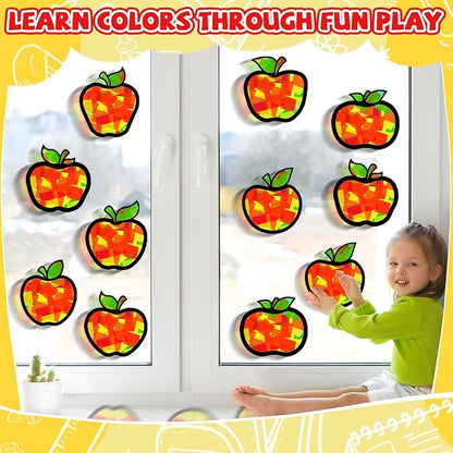 QOUBAI 32 Sets Back to School Apple Suncatchers Craft Kit DIY Window Stained Glass Effect Fall Apples Paper Craft for Home School Classroom Decor Kid Birthday Gifts Creative Art Projects Activity Game