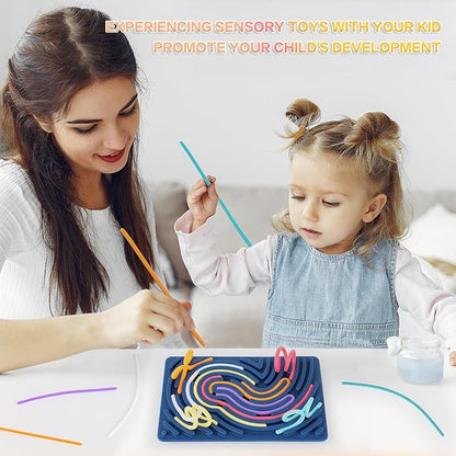 Sensory Activity Board, Silicone Fidget Toy for Stress Relief, Calming, Focus, ADHD and Autism, 6 Colors Sensory Toys Game Controller for Kids 2+ & Adults with 20 Strings (Navy Blue)