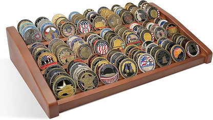 Challenge Coin Display Holder, 12 Rows Solid Wood Military Coin Stand Holds 80-100 Coins, Army Coin Display Rack for Desk (Walnut Finish)