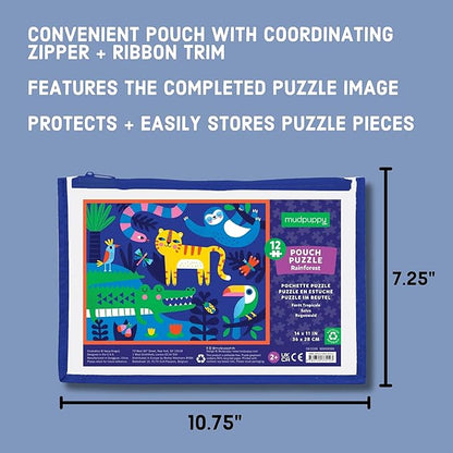 Mudpuppy Rainforest – 12 Piece Puzzle with Reusable Zipper Pouch Featuring Colorful and Fun Illustrations of Jungle Animals Perfect for Easy Storage and Travel